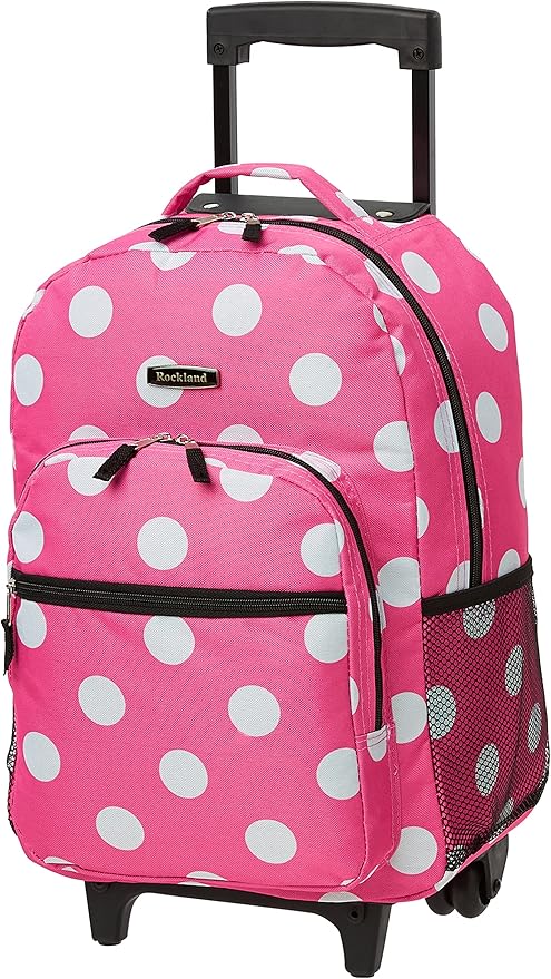 Rockland Double Handle 17" Rolling Backpack, Pink Dot