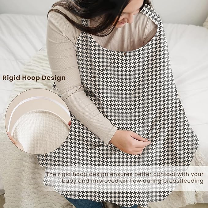 Konssy Muslin Nursing Cover for Baby Breastfeeding, Breathable 100% Cotton Breastfeeding Cover with Rigid Hoop for Mother Nursing Apron, Multi-use Carseat Canopy (Vintage Check Weave)