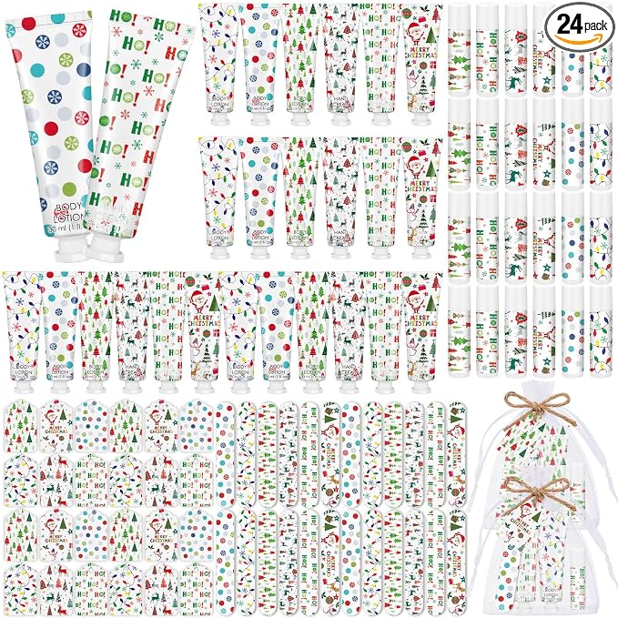 24 Sets/144 Pcs Christmas Party Favors Christmas Hand Cream Body Lotion Lip Balm Nail File Gifts Set Xmas Stocking Stuffers Travel Size Lotion Bulk Holiday Party Supplies for Coworkers Women Adults