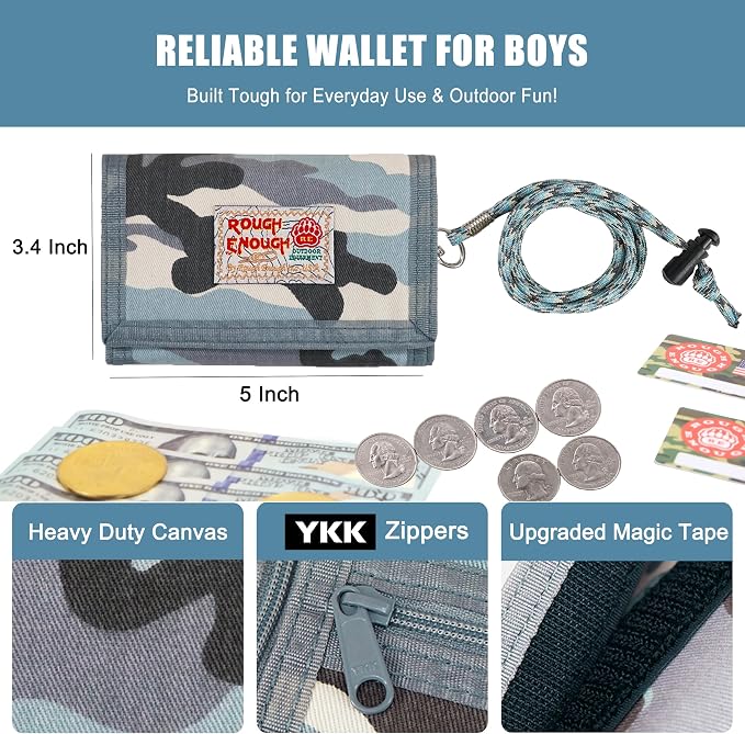 Rough Enough Kids Wallet for Boys Teen, Light Blue Camo Canvas | RFID Blocking, Lanyard, Keychain, 5 Card Slots, 3 Zippered Pockets, Suitable for Travel, Camping, Outdoor Sports