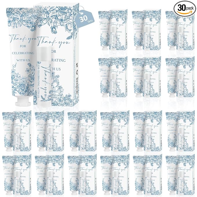 30 Sets Moisturizing Hand Cream Lotion Lip Balm Kit Bulk for Wedding Thank You Welcome Gifts Something Blue Floral Theme Birthday Shower with Boxes Rustic Vintage Aesthetic Wedding