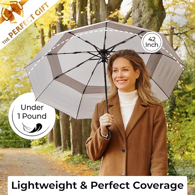 TUMELLA Strongest Windproof Travel Umbrella (Compact, 100MPH Wind-Tested), Light, Portable, One-Handed Use, Automatic Folding Rain Umbrella, Durable, Premium Grip, Fits Car & Backpack