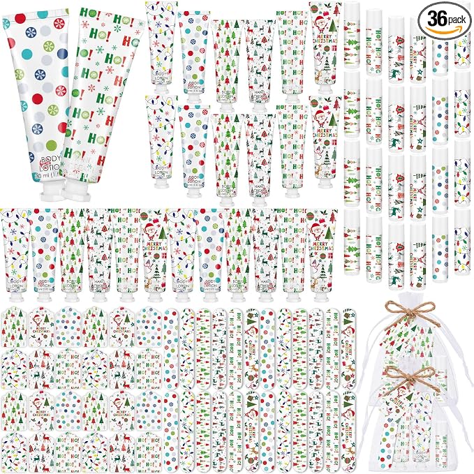 36 Sets/216 Pcs Christmas Party Favors Christmas Hand Cream Body Lotion Lip Balm Nail File Gifts Set Xmas Stocking Stuffers Travel Size Lotion Bulk Holiday Party Supplies for Coworkers Women Adults