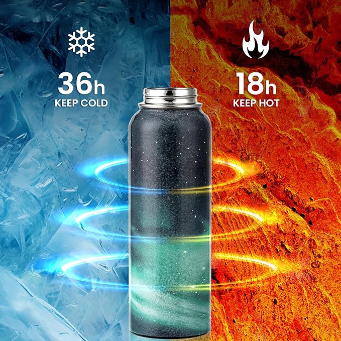 RAYMYLO Insulated Water Bottle 40 oz, Triple Wall Vacuum Stainless Steel (Cold for 36Hrs, Hot for 18Hrs), Leak Proof & Non-BPA, Modern Water Flask Jug with Paracord Handle & Straw Spout Lids