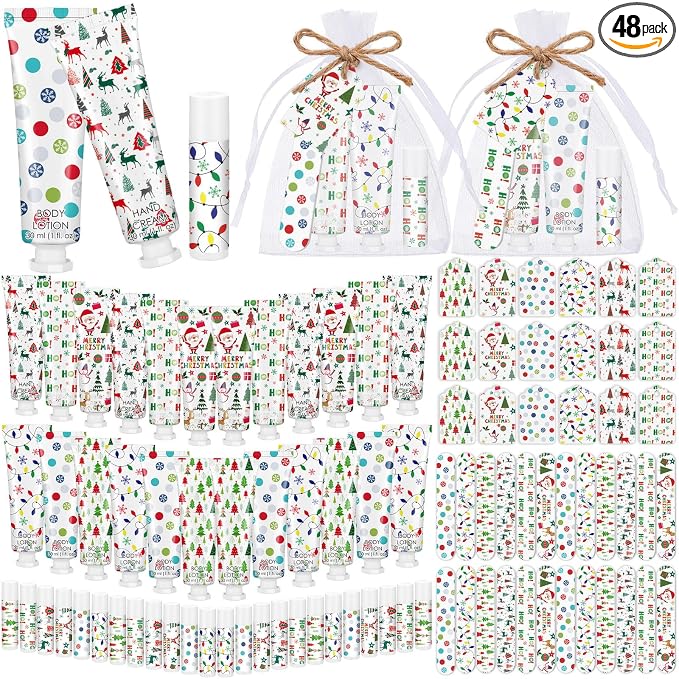 48 Sets/288 Pcs Christmas Party Favors Christmas Hand Cream Body Lotion Lip Balm Nail File Gifts Set Xmas Stocking Stuffers Travel Size Lotion Bulk Holiday Party Supplies for Coworkers Women Adults