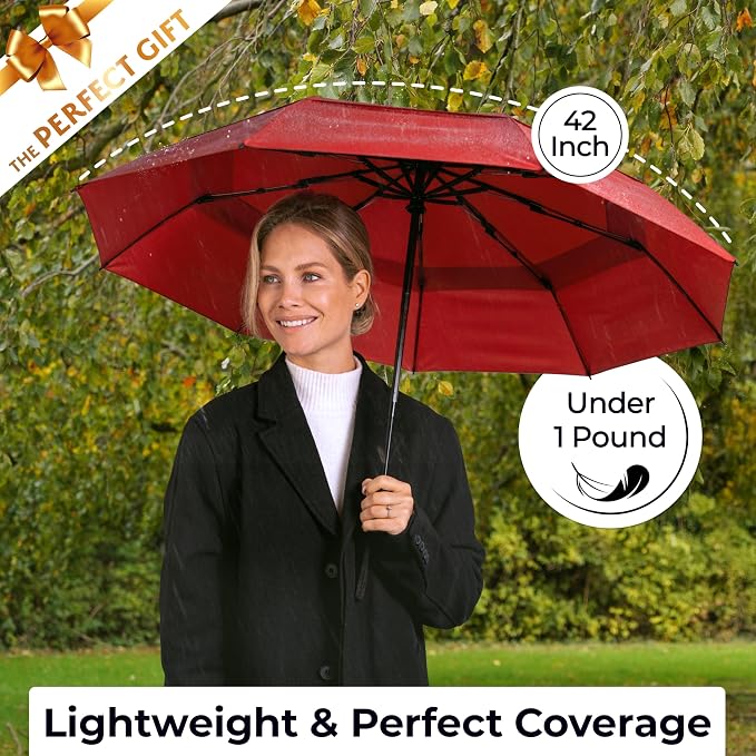 TUMELLA Strongest Windproof Travel Umbrella (Compact, 100MPH Wind-Tested), Light, Portable, One-Handed Use, Automatic Folding Rain Umbrella, Durable, Premium Grip, Fits Car & Backpack