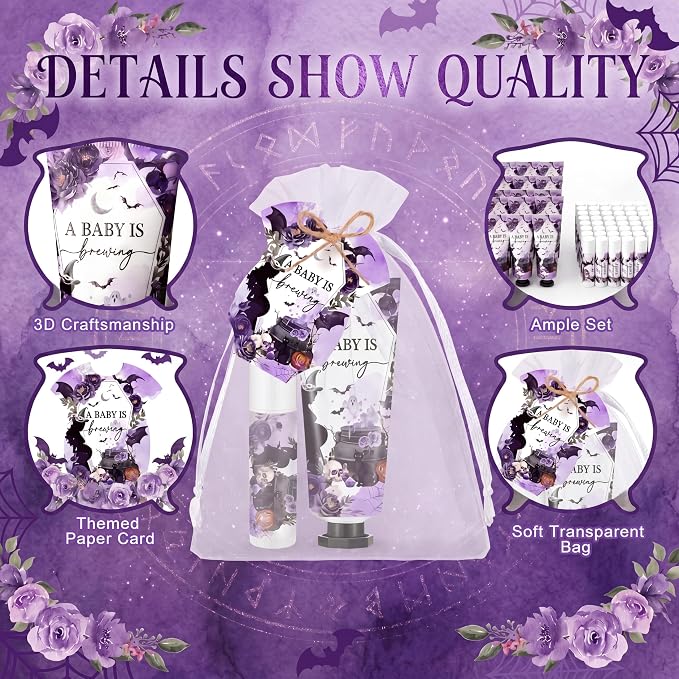 Batiyeer 25 Sets/100 Pcs Halloween Baby Shower Party Favors Bulk Baby Is Brewing Travel Size Hand Cream and Lip Balm Sets for Halloween Gender Reveal Party Supplies, with Cards Organza Bags