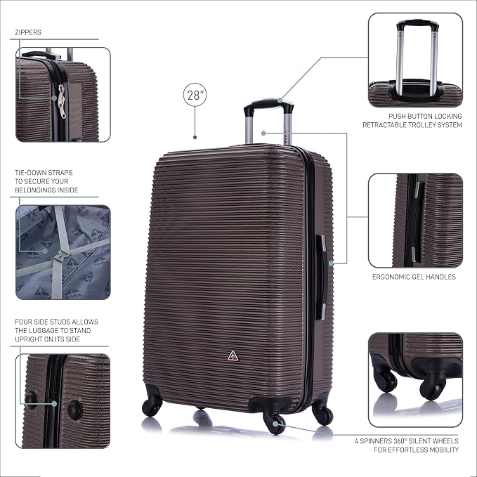 InUSA ROYAL Hardside Spinner Luggage with Ergonomic Handles | Spacious Travel Suitcase with Four Spinner Wheels and Studs | 28 Inch Large Hardside Spinner Luggage | Brown