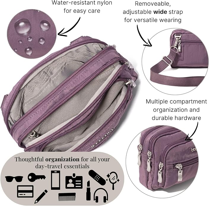 Baggallini Triple Zip Small Crossbody Bag for Women - Lightweight Convertible Fanny Pack Belt Bag