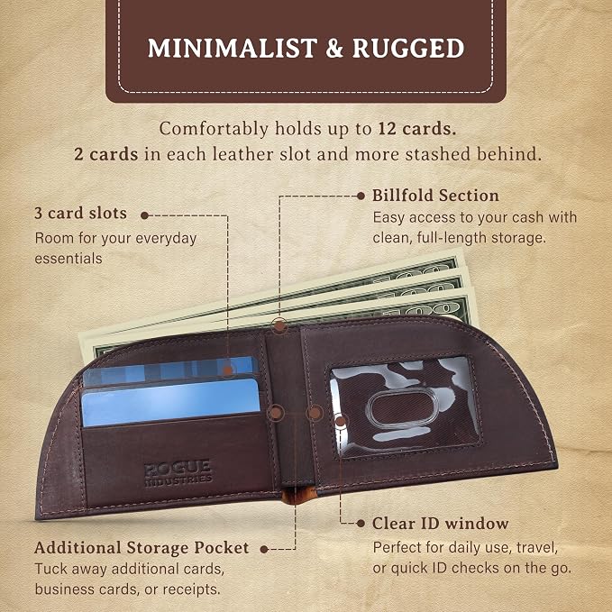 ROGUE WALLET ROGUE WALLET Genuine Bison Leather Wallets for Men - RFID Blocking Curved Front Pocket Design w/ 3 Card Slots, Full Billfold Section & More - Ideal Gifts for Men (Brown)