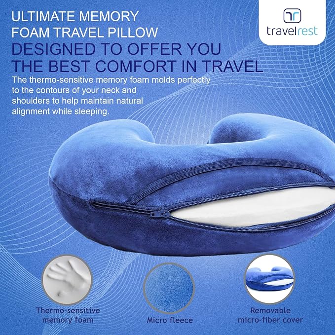 travelrest Neck Pillow Travel Essential - Memory Foam, Washable Micro-Fiber Cover Pillow, Soft and Comfortable Head Support for Long Flights, Compact, Attaches to Luggage, Airplanes, Cars, Bus - Blue