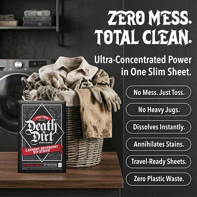 Death to Dirt Laundry Detergent Sheets, 64 Loads, Tough on Stains and Odors, Gentle on Skin and Fabric, Plant-Based & Eco-Friendly, Final Fresh Linen Scent, 32ct
