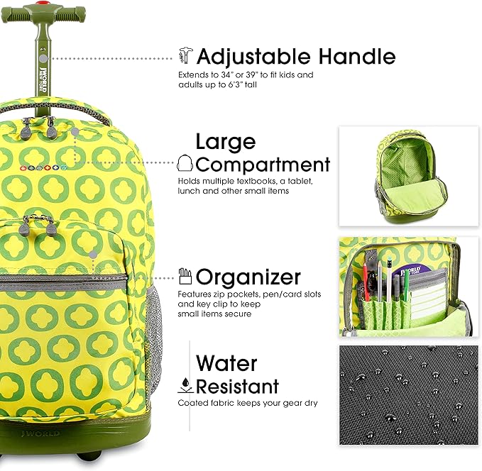 J World Sunrise Kids Rolling Backpack for Girls Boys. Roller Bookbag With Wheels For School, Lime Logo