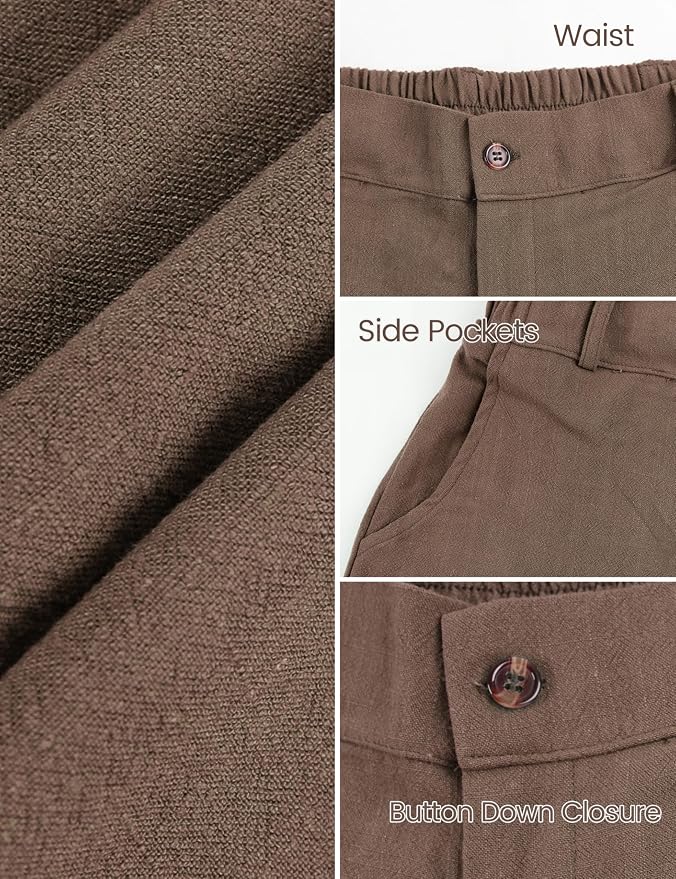 Hooever Womens Cotton Linen Pants Casual Button Up High Waisted Wide Leg Trousers