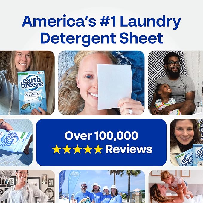 Earth Breeze Laundry Detergent Sheets River Rain - 60 Loads - Eco Laundry Sheets - Travel Laundry Detergent Soap Sheets for Hot & Cold Cycles - Tackles Tough Stains & Odors - Gentle on Skin, 30 Ct