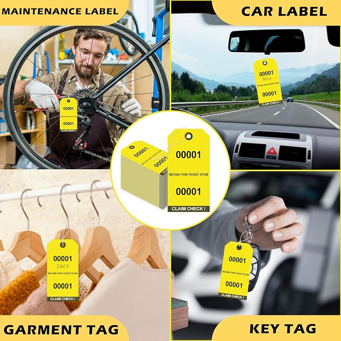 200 Pcs Duplicate Auto Park Tags (Numbered 1-200) 4.72" x 2.36" Inch Valet Parking Tickets with Strings Claim Check Tags with Marker for Valet Coat Check and Hotel Luggage Tags (200, Yellow)