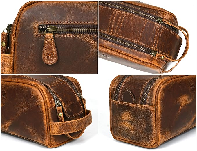 10" Premium Leather Toiletry Travel Pouch With Waterproof Lining Black Color | King-Size Handcrafted Vintage Shaving Kit By Aaron Leather Goods