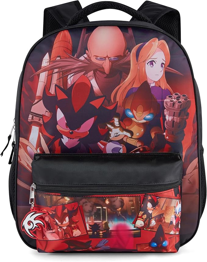 AI ACCESSORY INNOVATIONS Sonic X Shadow Generations Dark Beginnings Backpack for Girls & Boys, 16" Black Bookbag with Molded Shadow Dangle, Sublimation Print
