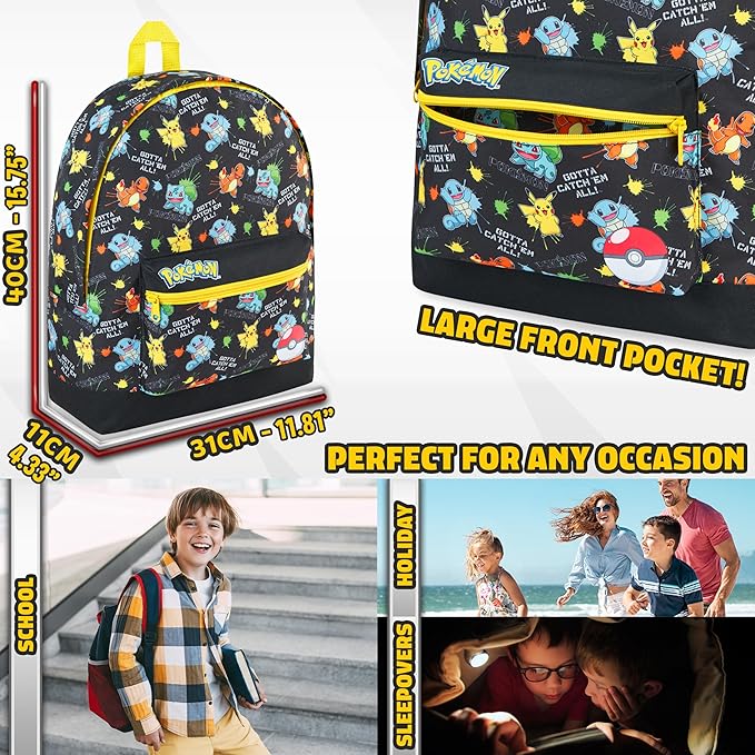 Pokemon Backpack for Kids Teens Boys Girls, Pikachu Anime Backpacks, Bag for Daycare Sports Vacation Travel, School Gift (Black AOP)
