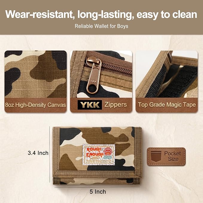 Rough Enough Kids Wallet for Boys Teen with Neck Lanyard Keychain Desert Camo Canvas