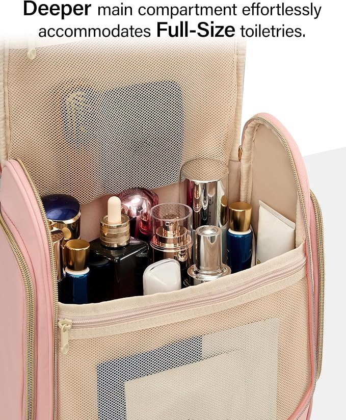 Hanke Hanging Travel Toiletry Bag for Men and Women, Water-Resistant Toiletries Bag Makeup Organizer with Hook, Cosmetic Bag for Bathroom & Travel Essentials Accessories, Pink