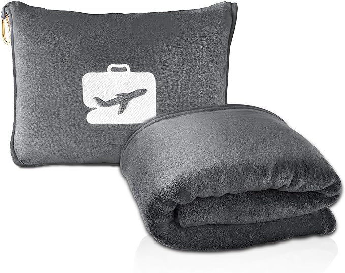 EverSnug Travel Blanket and Pillow - Premium Soft 2 in 1 Airplane Blanket with Soft Bag Pillowcase, Hand Luggage Sleeve and Backpack Clip (Grey)