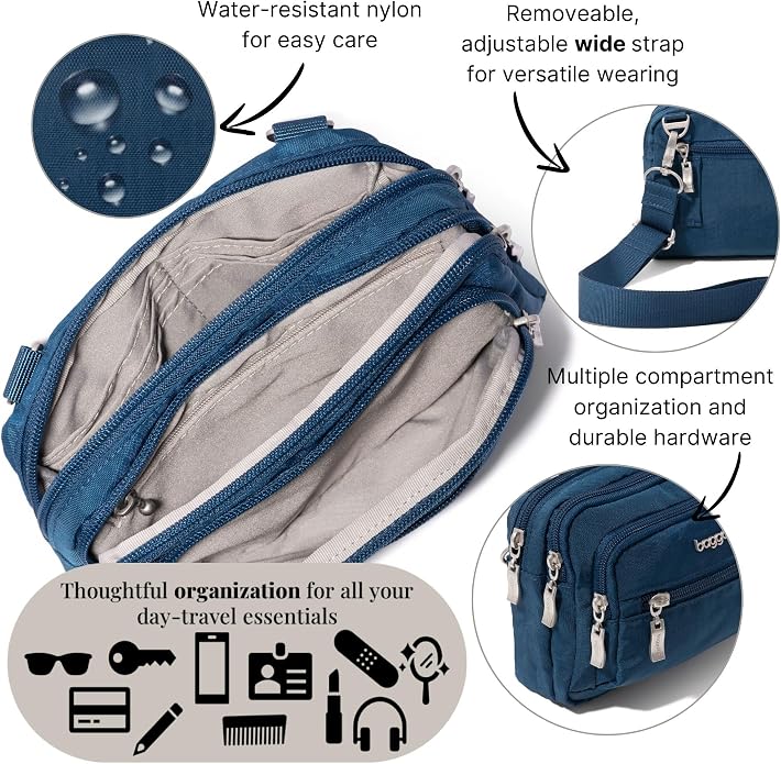 Baggallini Triple Zip Small Crossbody Bag for Women - Lightweight Convertible Fanny Pack Belt Bag