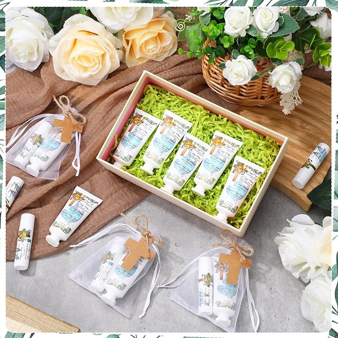 144 Pcs Christian Lip Balm Hand Cream Set Party Favors, Include 36 Bible Verse Lip Balm 36 Biblical Cross Moisturizing Hand Cream 36 Bags 36 Cards and Ropes for Women Accessories Gifts