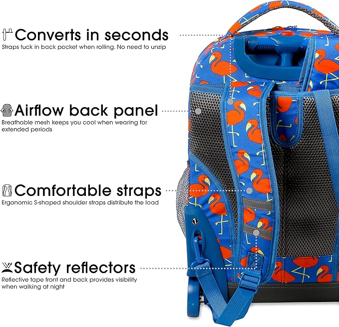 J World Sunrise Kids Rolling Backpack for Girls Boys. Roller Bookbag With Wheels For School, Flamingo