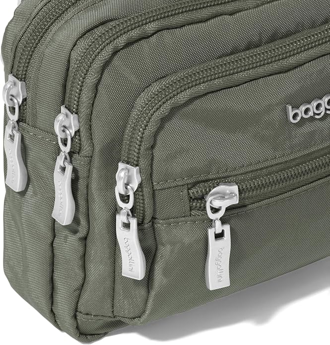 Baggallini Triple Zip Small Crossbody Bag for Women - Lightweight Convertible Fanny Pack Belt Bag