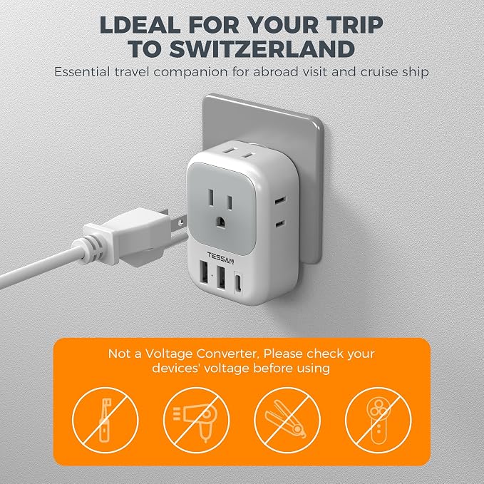 TESSAN Switzerland Travel Plug Adapter, Type J Adaptor with 4 Outlets 3 USB Charging Ports(1 USB C PD 20W), Swiss Travel Plug for US to Switzerland, Liechtenstein, Rwanda, 2 Pack