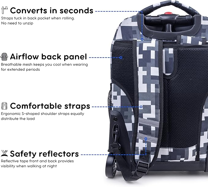 J World Sunrise Kids Rolling Backpack for Girls Boys. Roller Bookbag With Wheels For School, Camo