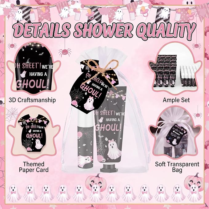 Batiyeer 25 Sets/100 Pcs Halloween Baby Shower Party Favors Bulk We're Having a Ghoul Travel Size Hand Cream and Lip Balm Sets for Halloween Gender Reveal Party Supplies, with Cards Organza Bags