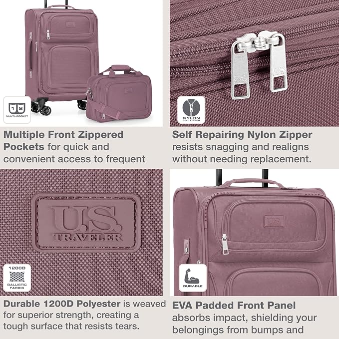 U.S. Traveler Rio Lightweight Softside Rolling Carry-on Suitcase, 4-Wheel Single, Mauve