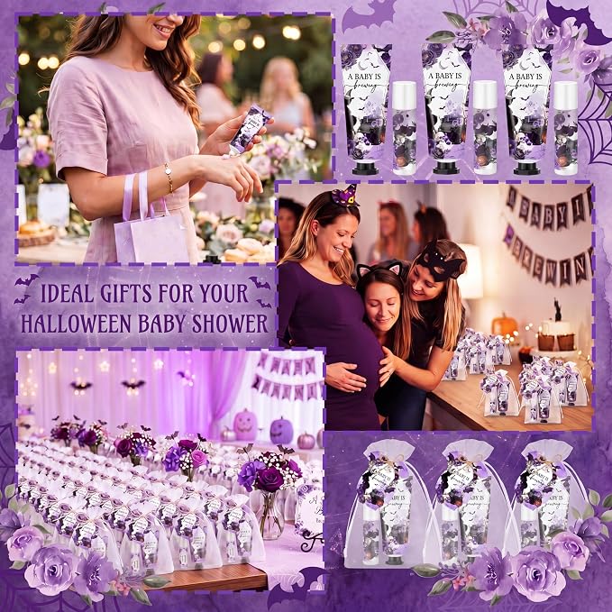 Batiyeer 25 Sets/100 Pcs Halloween Baby Shower Party Favors Bulk Baby Is Brewing Travel Size Hand Cream and Lip Balm Sets for Halloween Gender Reveal Party Supplies, with Cards Organza Bags