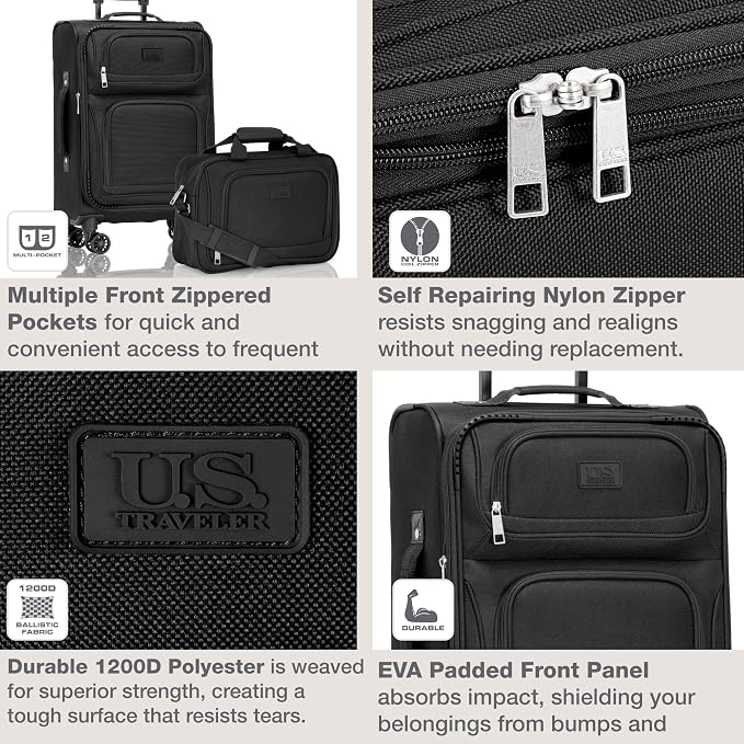 U.S. Traveler Rio Lightweight Softside Rolling Carry-on Suitcase, 4-Wheel Set, Black