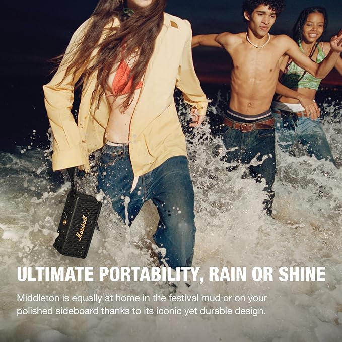 Marshall Middleton Portable Bluetooth Speaker - Rugged Waterproof/Dust-proof Design | Loud Stereo Sound, Deep Bass | Compact and Wireless for Travel and Outdoors - Black and Brass