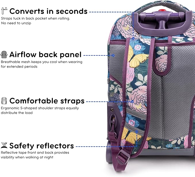 J World Sunrise Kids Rolling Backpack for Girls Boys. Roller Bookbag With Wheels For School, Secret Garden