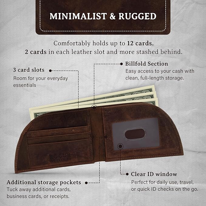 ROGUE WALLET Genuine Leather Wallets for Men – Minimalist, Classic Curved Front Pocket w/ 3 Card Slots, Plastic ID Card Slot & Full Billfold Section – Gifts for Men (Distressed Brown)