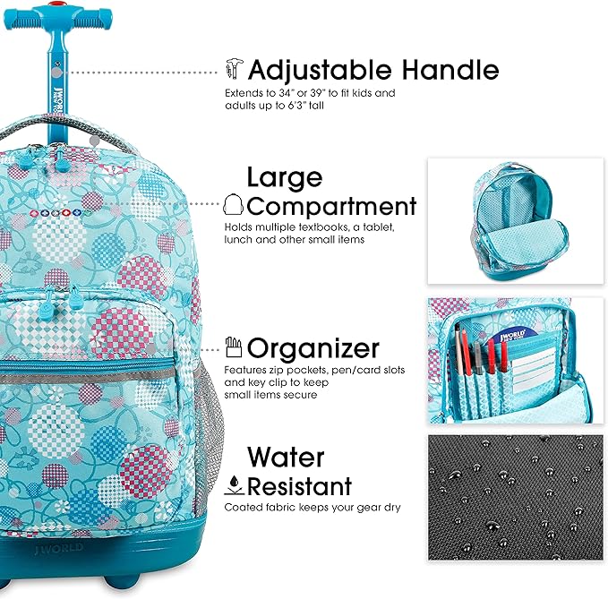 J World Sunrise Kids Rolling Backpack for Girls Boys. Roller Bookbag With Wheels For School, Dandelion