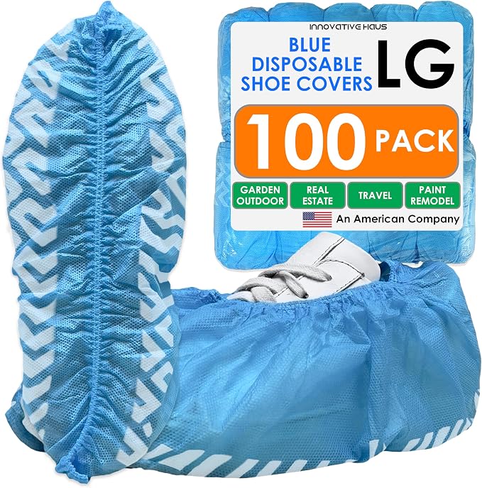 Innovative Haus Blue Indoor Disposable Shoe Covers - Disposable Non Slip Boot Covers - Indoor Reusable Booties - Treads - Water Resistant - 100 Pack, Large