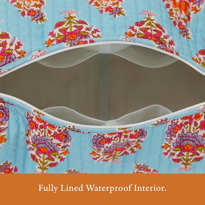 Saffron Marigold Quilted Makeup Bag Set of 3, Hand Block Printed Cotton Cosmetic Bags for Women, Waterproof Lined Travel Toiletry Bag, Coquette Aesthetic, Handmade Gift, Kashmir