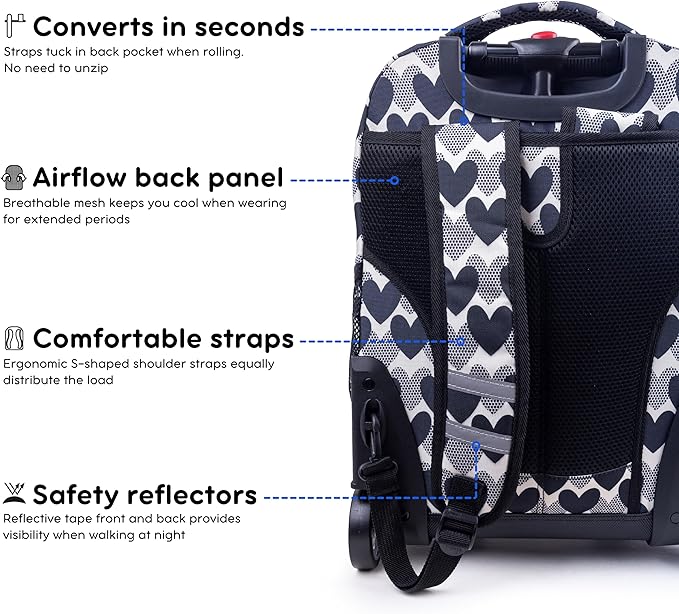 J World Sunrise Rolling Backpack. Roller Bag with Wheels, Heart Dot