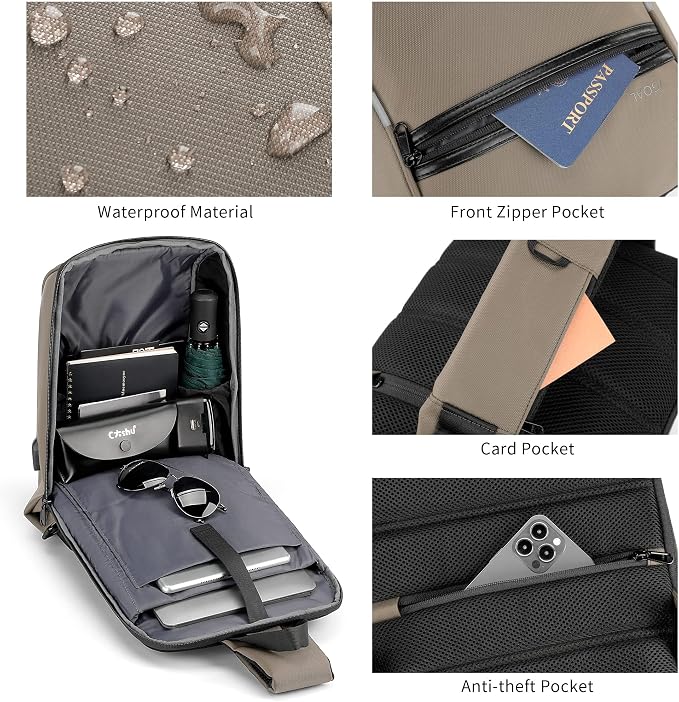 Kingsons 13" Anti-Theft Laptop Sling Backpack. Waterproof nylon, USB port. Ideal for travel, hiking, camping. (FG6301-Khaki)