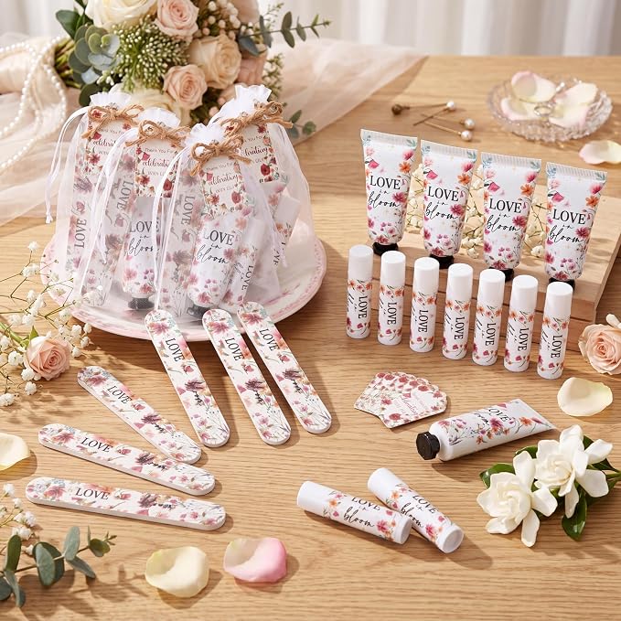 Leelosp 24 Sets Love Is in Blooming Hand Cream and Lip Balm Gift Bulk Pink Floral Wildflower Bridal Shower Favor for Guests Travel Size Hand Lotion Lip Balm Nail File Gifts Set Wedding Party Supplies