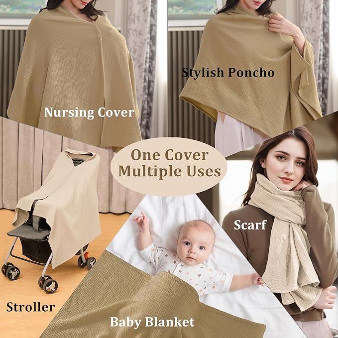 TADO MUSLIN 2-Pack Nursing Covers for Breastfeeding, 100% Organic Cotton Muslin Nursing Cover for Mom, Soft Breathable Breastfeeding Cover, Full Privacy Cover for Nursing, Regular Coverage Brown Beige