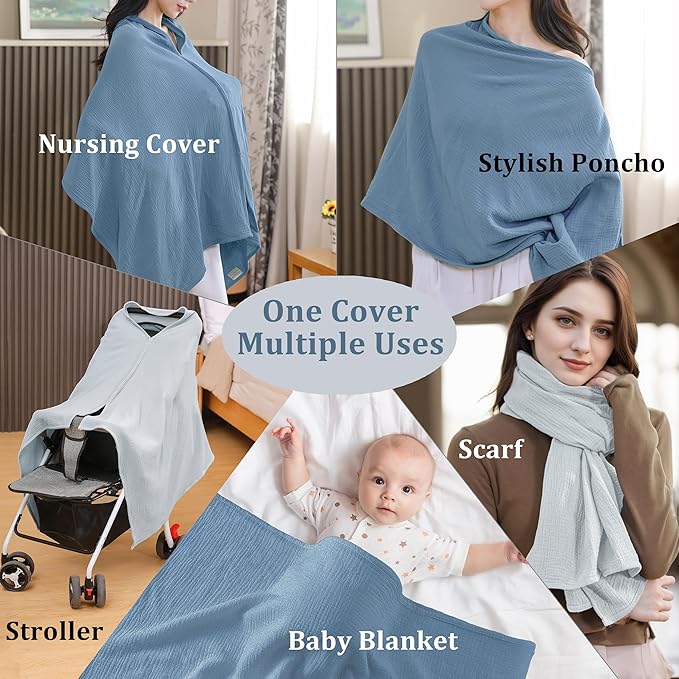 TADO MUSLIN 2-Pack Nursing Covers for Breastfeeding, 100% Organic Cotton Muslin Nursing Cover for Mom, Soft Breathable Breastfeeding Cover, Full Privacy Cover for Nursing, Extra Coverage L Blue Grey
