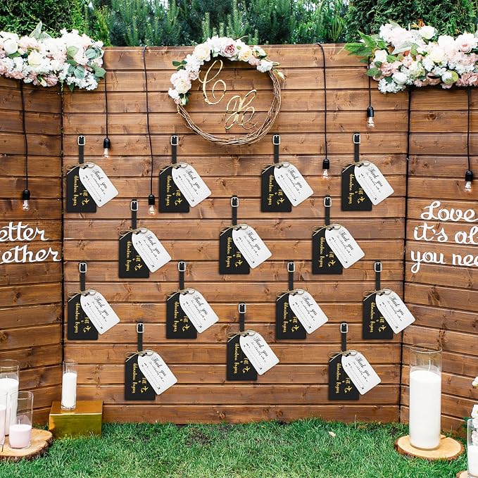 Sweetude 48 Sets Bulk Luggage Tags Wedding Favors and So The Adventure Begins Leather Luggage Tags for Suitcases with Name Card for Travel Themed Bridal Shower Graduation Party Favor(Black)