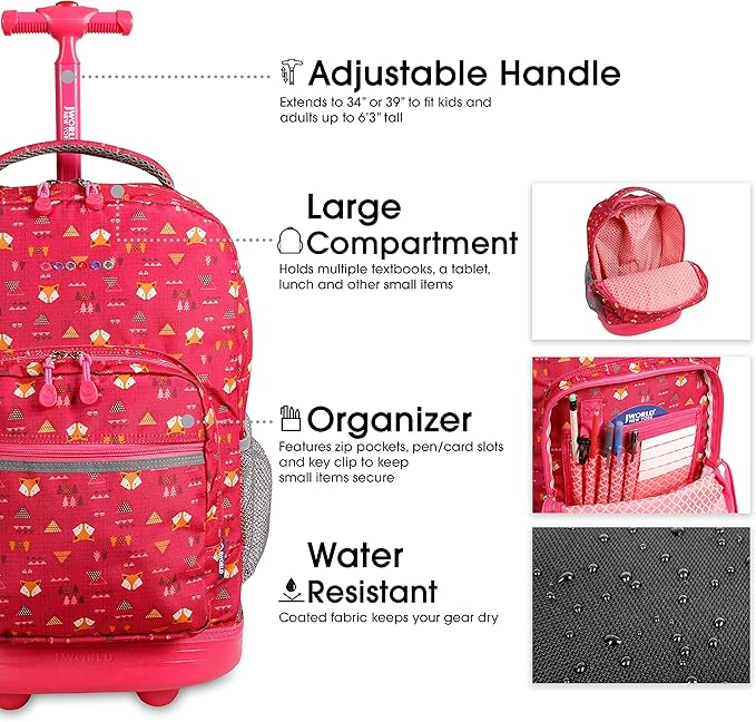 J World Sunrise Kids Rolling Backpack for Girls Boys. Roller Bookbag With Wheels For School, Fox