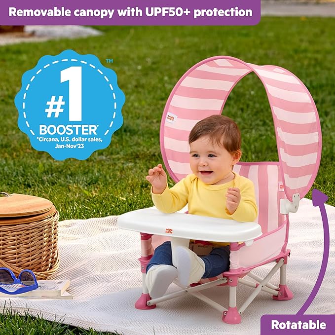 Bright Starts Pop 'N Sit Cabana Baby Beach Portable Booster Chair with UPF Canopy, Floor Seat for Indoor/Outdoor Use, Compact Fold, Pink, 6 Months–3 Years
